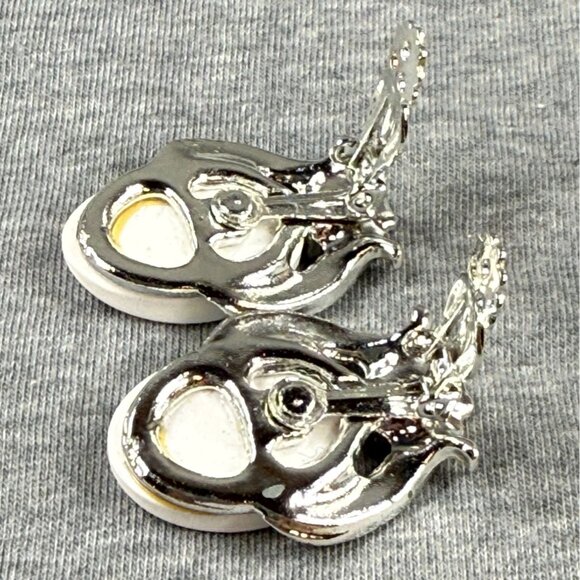 Vintage Silver-Tone Clip-On Earrings With Floral Design & White Oval Accents - Picture 6 of 16